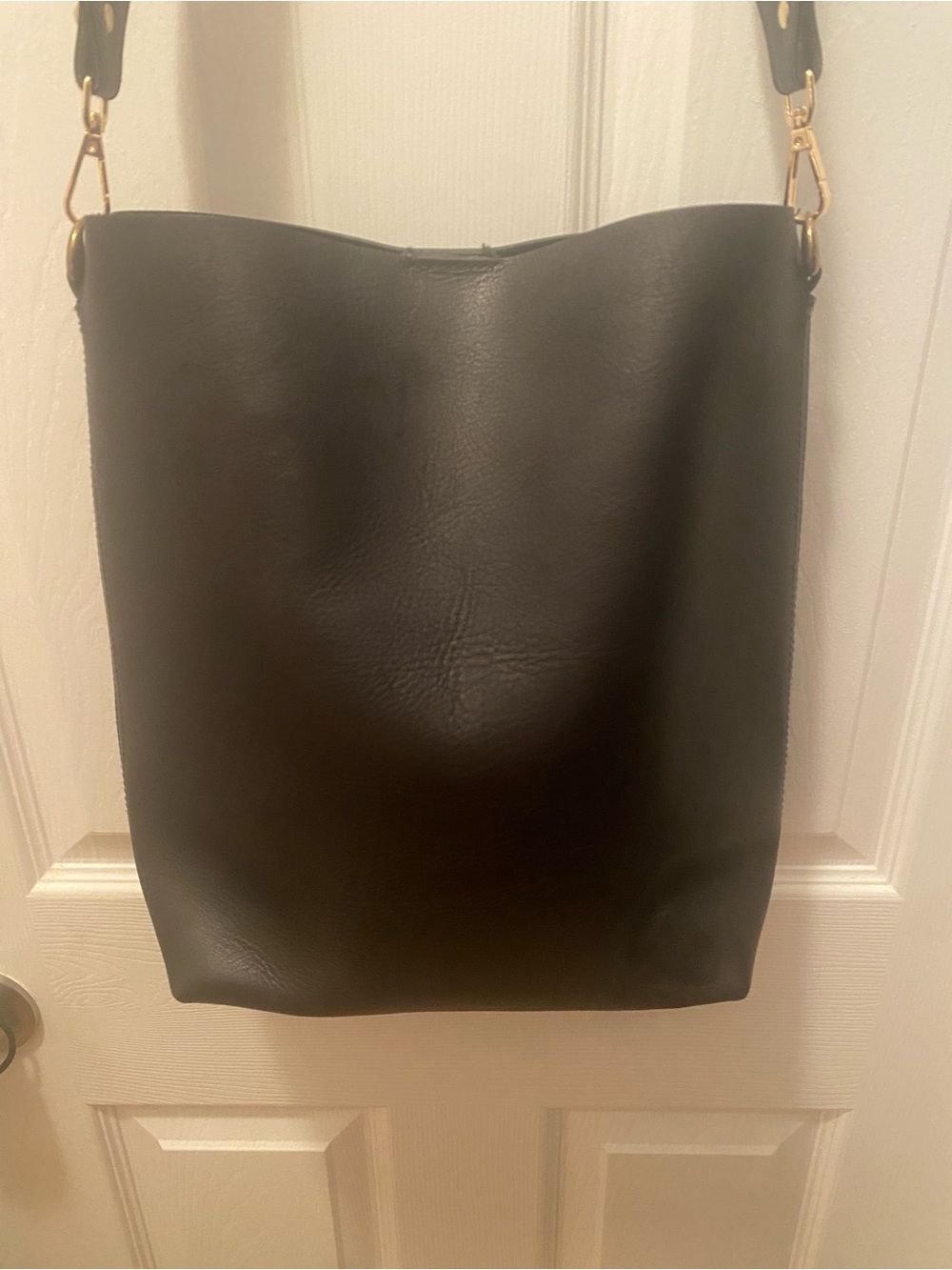 Madewell Black Leather Transport Bucket Bag with Striped Crossbody Strap